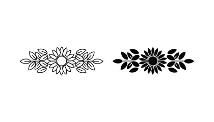 Floral divider vector set featuring a central flower with leaf accents in outline and solid black silhouette styles for elegant typography and page decoration © TARU STOCKPLC