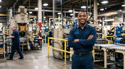 Fototapeta premium Confident Black male worker posing in a modern industrial manufacturing plant. Professional man in blue uniform at a factory. Industrial workforce and engineering concept