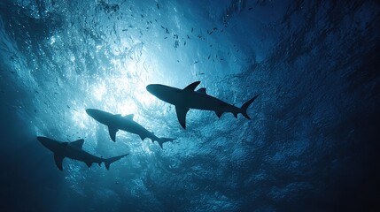 Obraz premium Overhead view of a shark pack swimming in crystal clear turquoise ocean water