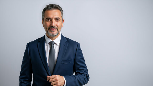 Portrait of a confident middle-aged businessman in a navy blue suit. Professional executive man with grey hair against a grey background. Leadership and corporate success concept. Copy space