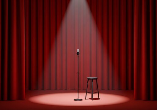 Spotlight shines on microphone and stool on empty comedy club stage with red curtains