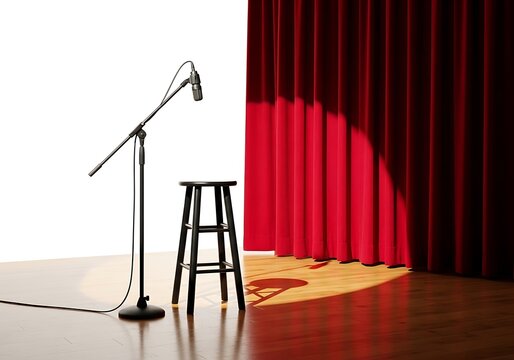 Standup comedy stage with microphone and stool in spotlight