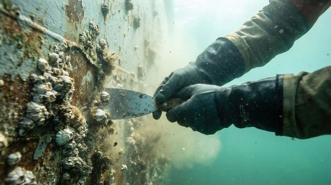 Scuba diver wearing gloves scraping barnacles off a rusty ship hull underwater with a metal putty knife