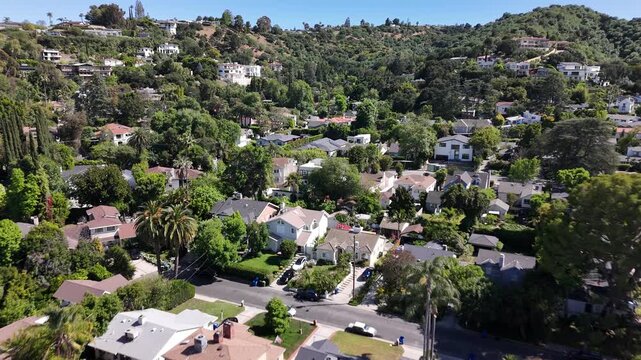 Aerial Drone Flyover Residential Neighborhood; Sherman Oaks, Southern California; USA 