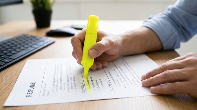 Person sitting at a desk highlighting skills on a printed resume with a yellow marker