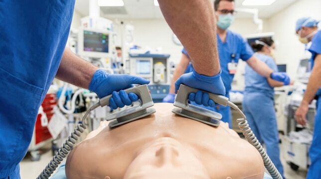 Medical professionals practicing defibrillation on a training dummy in a hospital setting