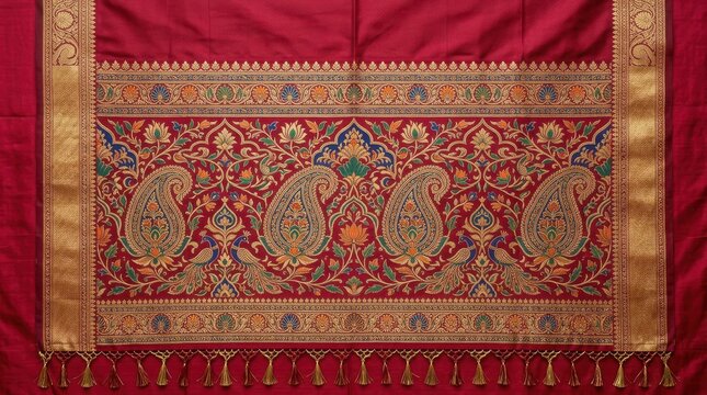Intricate paisley motif woven into rich red silk fabric with golden border and tassels
