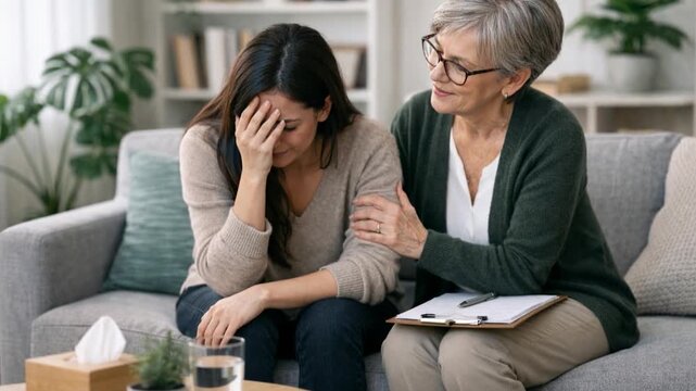 Young woman in a mental therapy session talking with a psychologist in the office.

