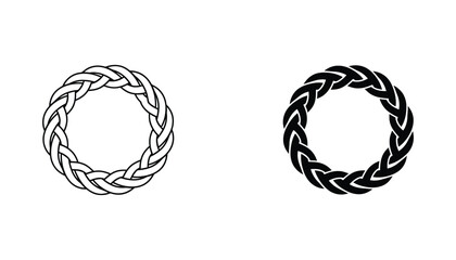 Circular braided rope wreath vector illustration featuring intricate knot patterns in both outline and solid black silhouette styles for nautical or rustic design concepts © TARU STOCKPLC