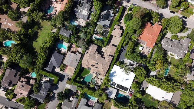 Aerial Drone Flyover Residential Neighborhood; Sherman Oaks, Southern California; USA 