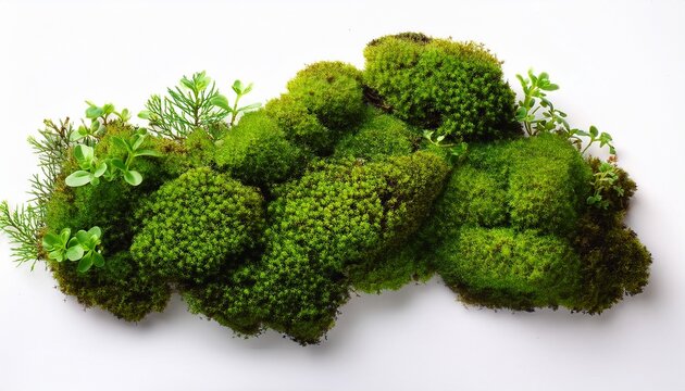 green moss growing on a white background flat lay isolated on a white background