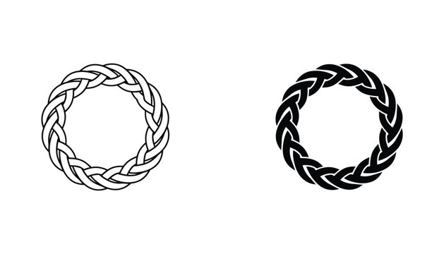 Circular braided rope wreath vector illustration featuring intricate knot patterns in both outline and solid black silhouette styles for nautical or rustic design concepts