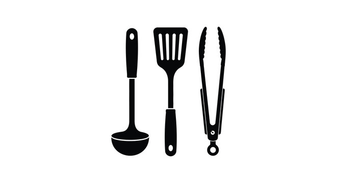 Black silhouette kitchen utensils ladle spatula and tongs culinary tools