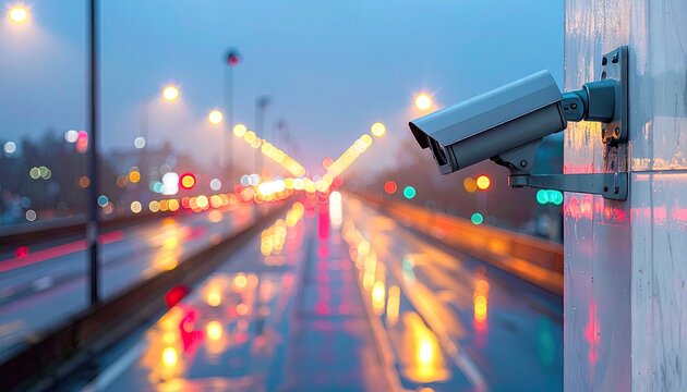 Security camera on wall with blurred road and lights in background