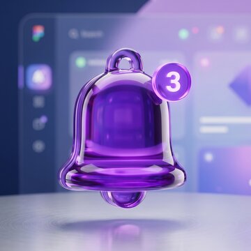 3D Glass Morphism Notification Bell Icon Violet Transparent Alert Design Isolated on White Background
