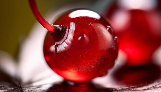 a close up macro shot of a deep red berry kissel its silky translucent texture glistening under soft natural light