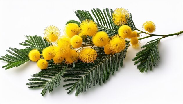 mimosa flower yellow flowers on a branch with green leaves isolated on a white background
