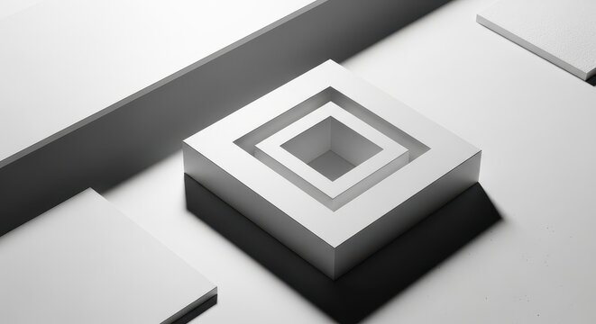Abstract geometric sculpture of nested squares on a white background with soft shadows.