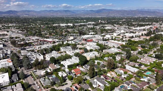Aerial Drone Flyover Residential Neighborhood; Sherman Oaks, Southern California; USA 