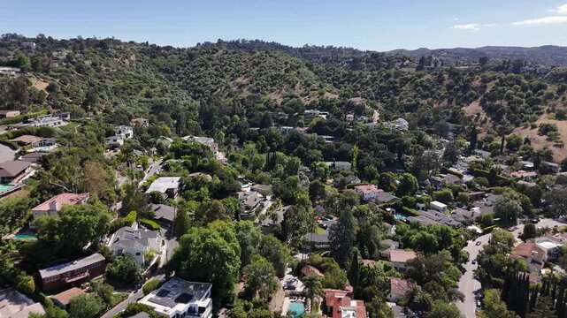 Aerial Drone Flyover Residential Neighborhood; Sherman Oaks, Southern California; USA 