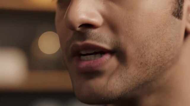 Close up of a man speaking with his mouth open in a conversational setting.