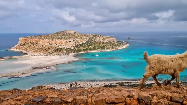 Cute goats on Balos Bay Crete. Authentic 4K handheld. Wild mountain goat with kids posing close at viewpoint over turquoise lagoon. Greece nature travel scenery. footage summer animal vacation