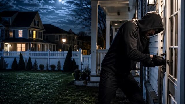 Man burglar using crowbar to break into house at night with spotlight.


