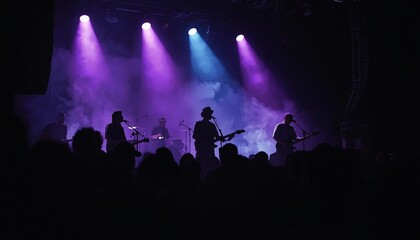 Obraz premium Live Band Performing on Stage with Purple and Blue Lights