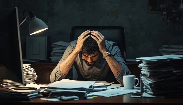Overwhelmed Man Working Late in a Cluttered Office