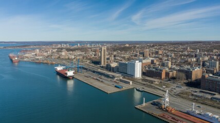 Obraz premium Aerial view of a major cargo port and coastal city on a clear day