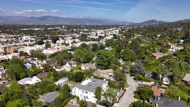 Aerial Drone Flyover Residential Neighborhood; Sherman Oaks, Southern California; USA 