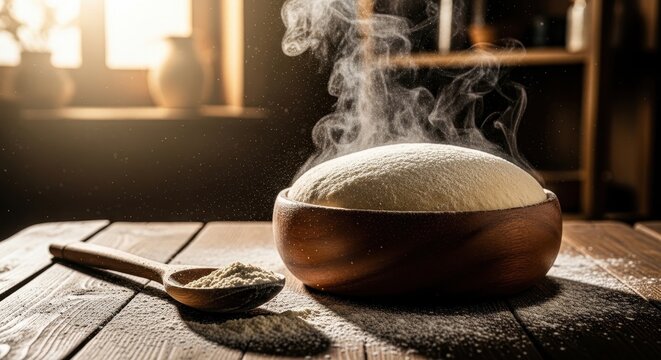 Fresh dough rising in wooden bowl with flour dusting on rustic kitchen table.