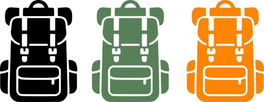 Three colorful backpacks in black, green, and orange, isolated on a white background, perfect for travel, school, or outdoor activities.