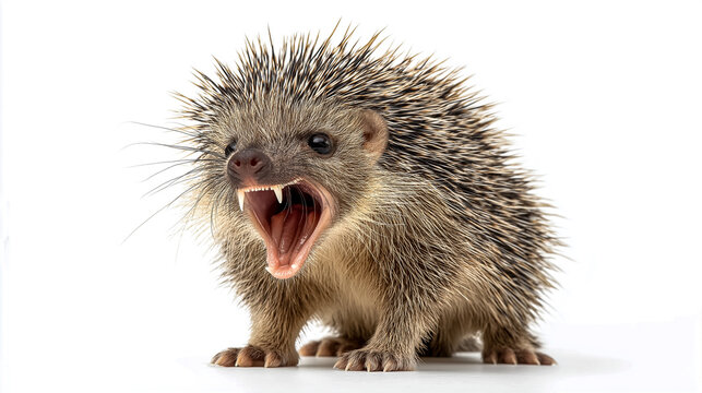 Roaring tenrec with spiky fur and wide open mouth in dramatic wildlife close up portrait showing fierce animal expression