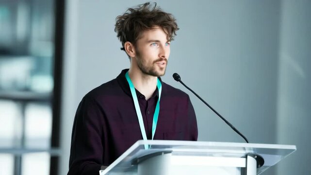 Young speaker presenting at lectern in bright conference hall