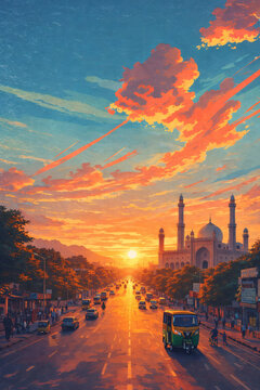 Colorful illustration of busy city street at sunset with mosque and auto rickshaw traffic