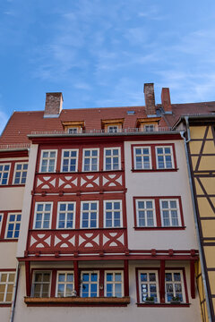 Erfurt / Germany: Exterior facade of one of the half timbered houses on the famous Kraemerbruecke
