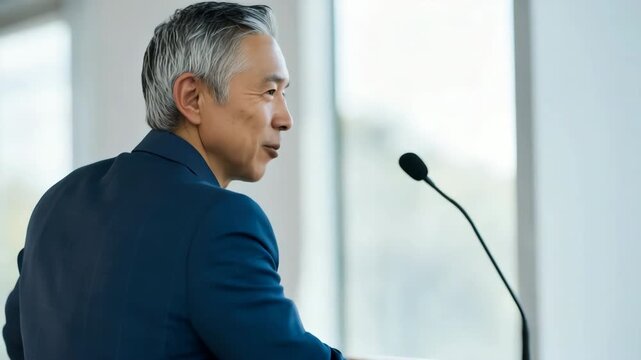 Older man smiling while speaking at podium in conference room