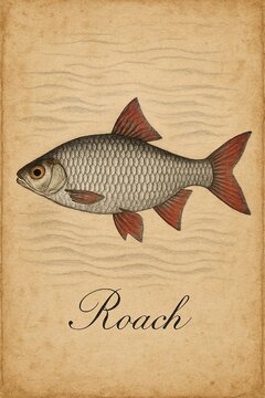Detailed vintage drawing of roach amid soft wavy water lines