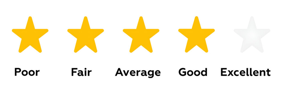 Five Star Rating Scale Icon Set with Poor Fair Average Good Excellent Labels
