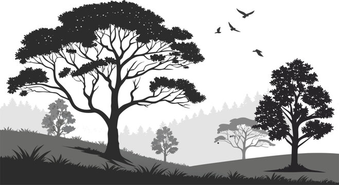 Black and White Layered Forest Landscape Vector with Tree Silhouettes Seamless Nature Pattern Background