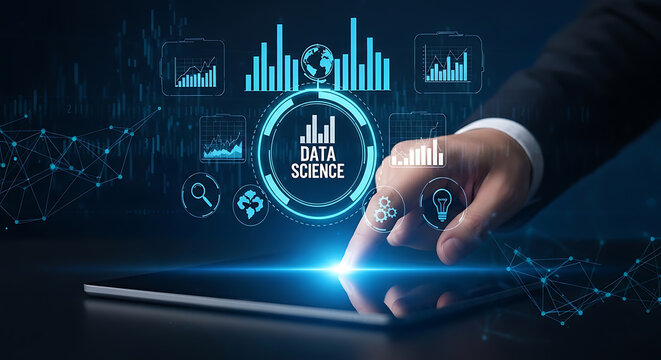 data science interface with futuristic charts and graphs high quality professional detailed
