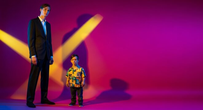 Tall and Short Figures in Dramatic Color Contrast, Highlighting Differences and Unique Perspectives with Copy Space