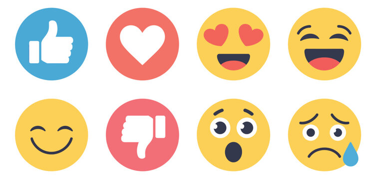 Set of emoji reaction icons including like, love, dislike, laugh, cry, sad, wow, and heart eyes symbols, representing social media engagement, user feedback, emotional reactions, and digital communica