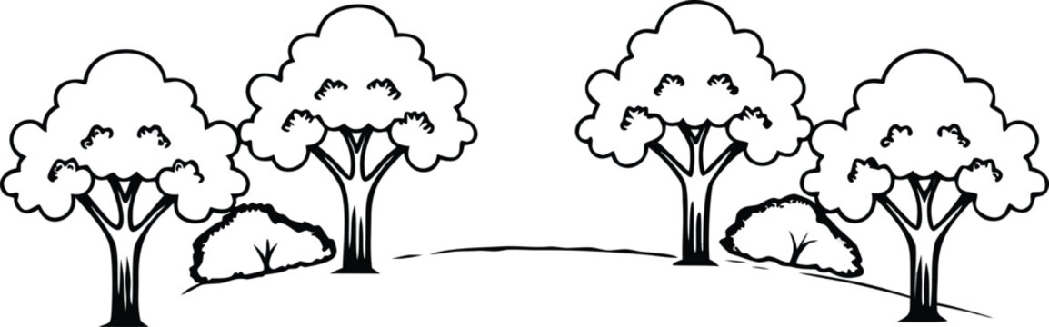 Black and White Layered Forest Landscape Vector with Tree Silhouettes Seamless Nature Pattern Background