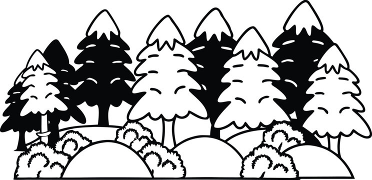 Black and White Layered Forest Landscape Vector with Tree Silhouettes Seamless Nature Pattern Background