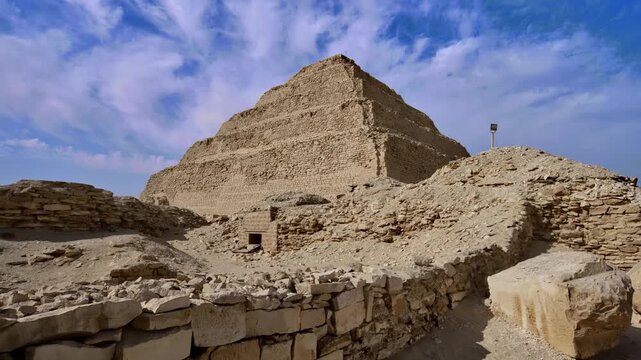 Ancient Step Pyramid of Djoser dominating Saqqara desert necropolis, Egypt, with foreground ruins, scattered stone blocks and restoration scaffolding under blue sky.