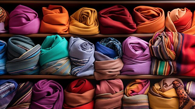 A photo of a collection of colorful scarves displayed.