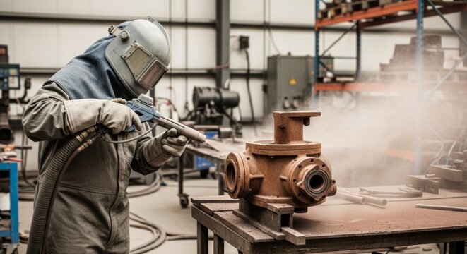 Sandblasting technician in protective gear restoring rusty metal part in industrial workshop with copy space