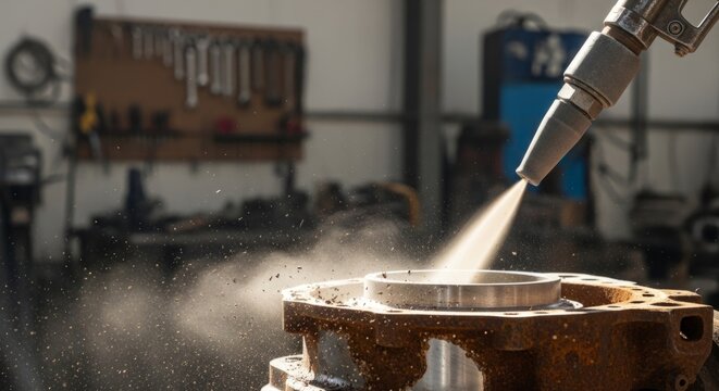 Sandblasting rusty metal component in industrial workshop, revealing clean surface, highlighting craftsmanship and restoration process